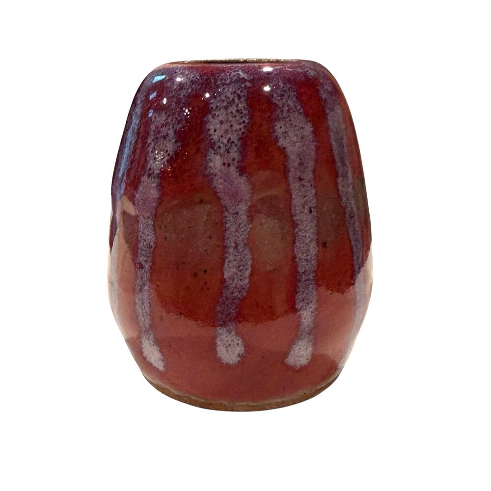 Vintage Studio Art Pottery Red Purple Drip Glaze Bud Vase Glossy Signed 3"